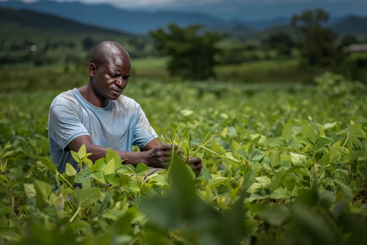 Farmer tending to crops in a green field